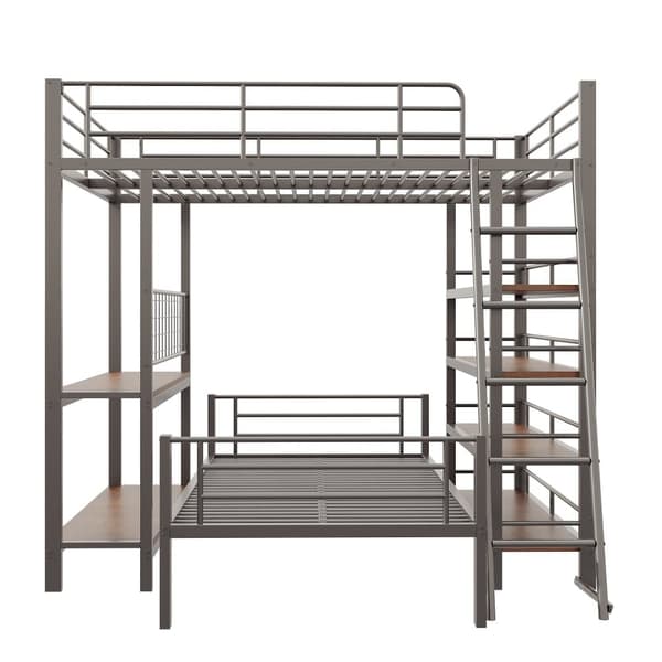 Våningssäng 140x200cm - Med flera förvaringsfack - Metallstruktur - Med säkerhetsstege - Med räcke - Färg: Svart (utan madrass)