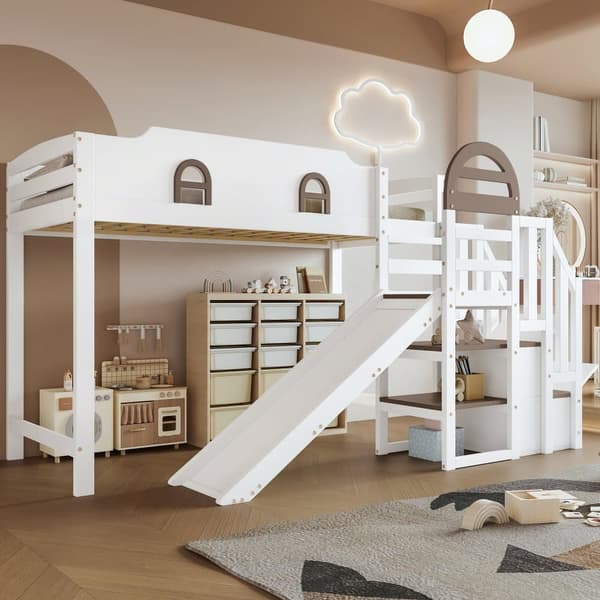 Loftsäng 90x200 cm - med fönster - med rutschkana - trappa med räcke - massivt trä + MDF - vit + brun
