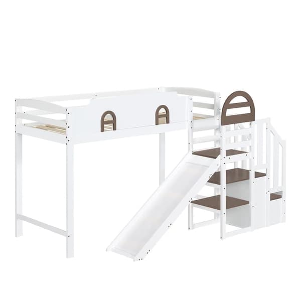 Loftsäng 90x200 cm - med fönster - med rutschkana - trappa med räcke - massivt trä + MDF - vit + brun