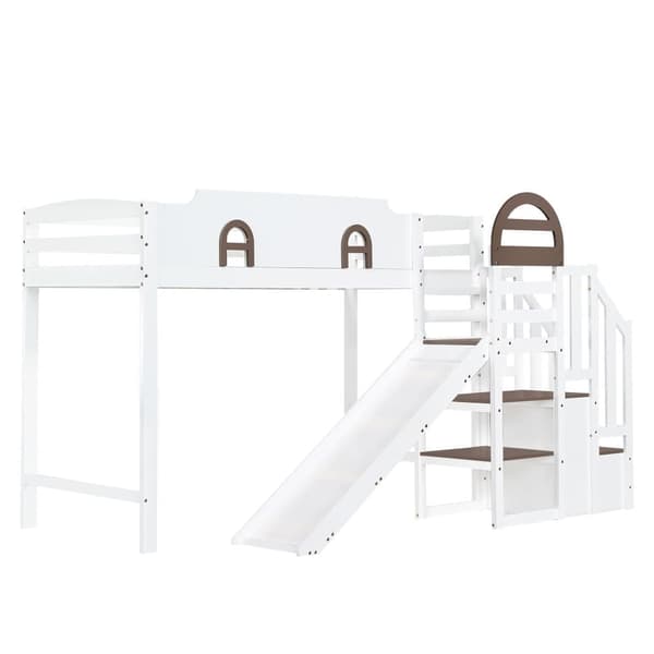 Loftsäng 90x200 cm - med fönster - med rutschkana - trappa med räcke - massivt trä + MDF - vit + brun