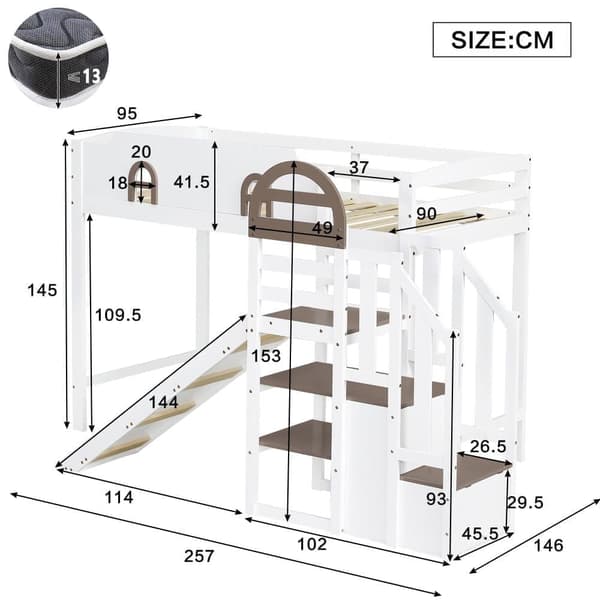 Loftsäng 90x200 cm - med fönster - med rutschkana - trappa med räcke - massivt trä + MDF - vit + brun