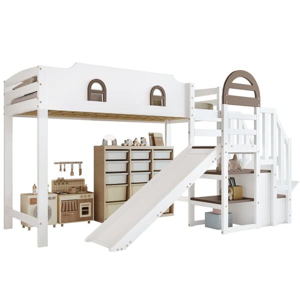 Loftsäng 90x200 cm - med fönster - med rutschkana - trappa med räcke - massivt trä + MDF - vit + brun