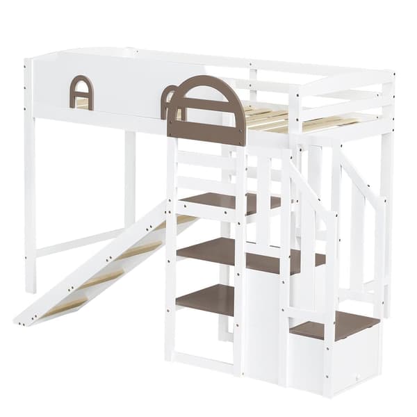 Loftsäng 90x200 cm - med fönster - med rutschkana - trappa med räcke - massivt trä + MDF - vit + brun