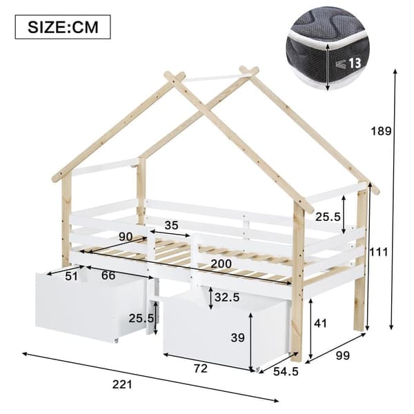 Loftseng i træ 90x200 cm - med 2 skuffer - massivt træ + MDF - hvid + natur
