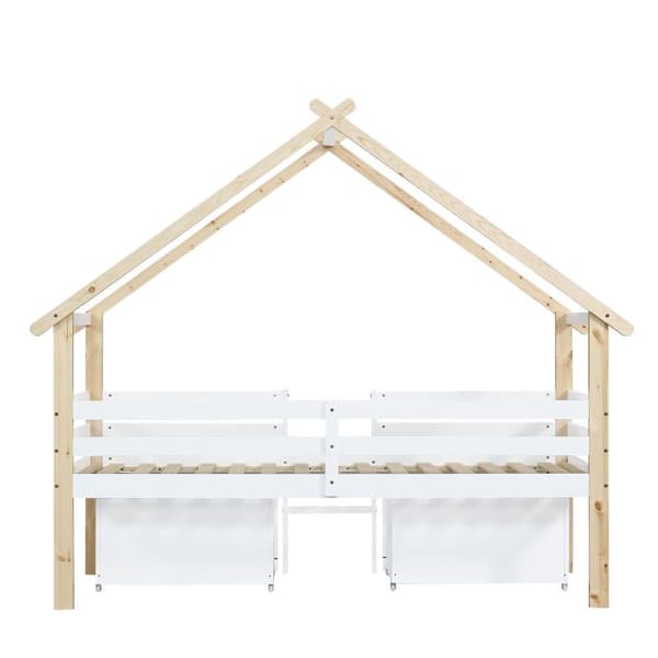 Loftseng i træ 90x200 cm - med 2 skuffer - massivt træ + MDF - hvid + natur