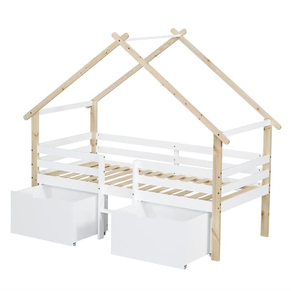 Loftseng i træ 90x200 cm - med 2 skuffer - massivt træ + MDF - hvid + natur