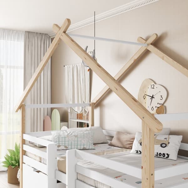 Loftseng i træ 90x200 cm - med 2 skuffer - massivt træ + MDF - hvid + natur