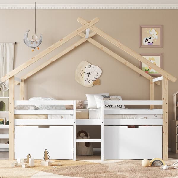 Loftseng i træ 90x200 cm - med 2 skuffer - massivt træ + MDF - hvid + natur