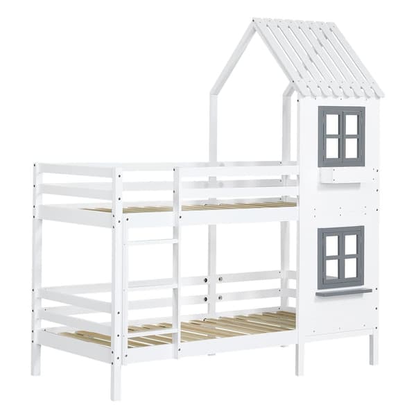 Våningssäng 90x200 cm av massivt trä - med lamellram - vit & grå