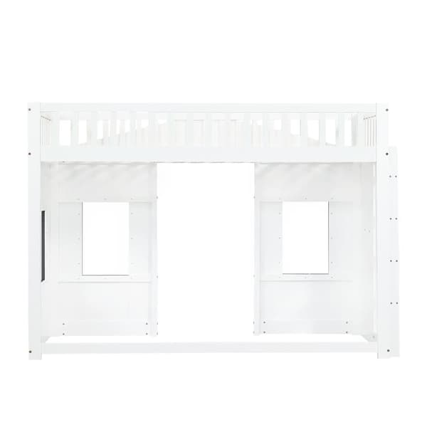 Loftsäng 90x200 cm - med räcke och trappa - med 2 fönster - massivt trä + MDF - vit