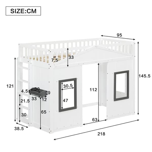 Loftsäng 90x200 cm - med räcke och trappa - med 2 fönster - massivt trä + MDF - vit