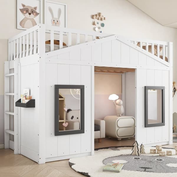 Loftsäng 90x200 cm - med räcke och trappa - med 2 fönster - massivt trä + MDF - vit