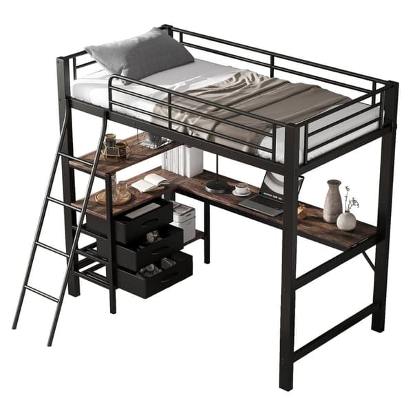 Mezzaninsäng 90x200 cm - med 3 lådor - med 2 m långt bord - lutande stege med fyra steg - järn + spånskivor - svart (utan madrass)