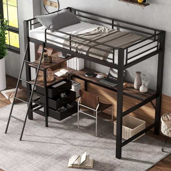 Entresolsäng 90x200 cm - med 3 lådor - med 2 m långt bord - lutande stege med fyra steg - strykjärn + spånskiva - svart (utan madrass)