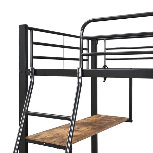 Entresolsäng 90x200 cm - med 3 lådor - med 2 m långt bord - lutande stege med fyra steg - strykjärn + spånskiva - svart (utan madrass)