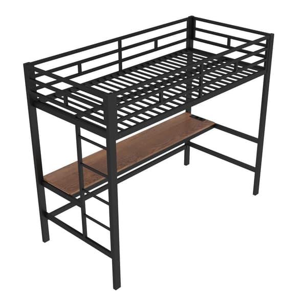 Hems 90x200 cm - med barrierer - med stige - bord med USB og stik - kablet lysbånd - metal - sort (madras medfølger ikke)