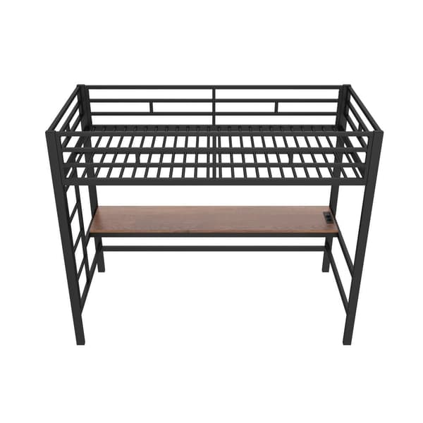 Hems 90x200 cm - med barrierer - med stige - bord med USB og stik - kablet lysbånd - metal - sort (madras medfølger ikke)