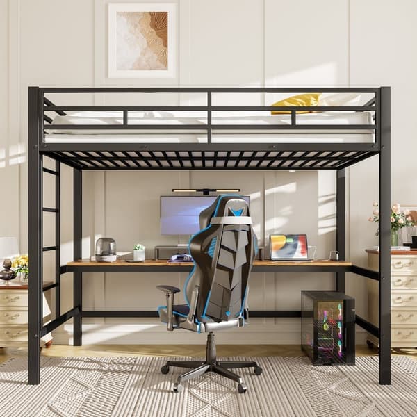 Hems 90x200 cm - med barrierer - med stige - bord med USB og stik - kablet lysbånd - metal - sort (madras medfølger ikke)