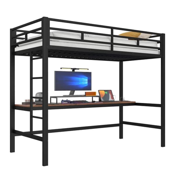 Hems 90x200 cm - med barrierer - med stige - bord med USB og stik - kablet lysbånd - metal - sort (madras medfølger ikke)