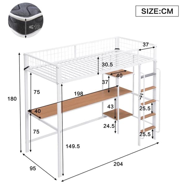 Parvisänky 90x200 cm - pöydällä ja hyllyllä - tikkailla 5 portaassa - turvakaiteella - metalli + MDF - valkoinen (ilman patjaa)