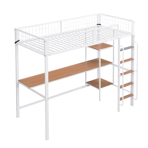 Parvisänky 90x200 cm - pöydällä ja hyllyllä - tikkailla 5 portaassa - turvakaiteella - metalli + MDF - valkoinen (ilman patjaa)