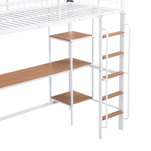 Parvisänky 90x200 cm - pöydällä ja hyllyllä - tikkailla 5 portaassa - turvakaiteella - metalli + MDF - valkoinen (ilman patjaa)