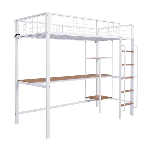Parvisänky 90x200 cm - pöydällä ja hyllyllä - tikkailla 5 portaassa - turvakaiteella - metalli + MDF - valkoinen (ilman patjaa)