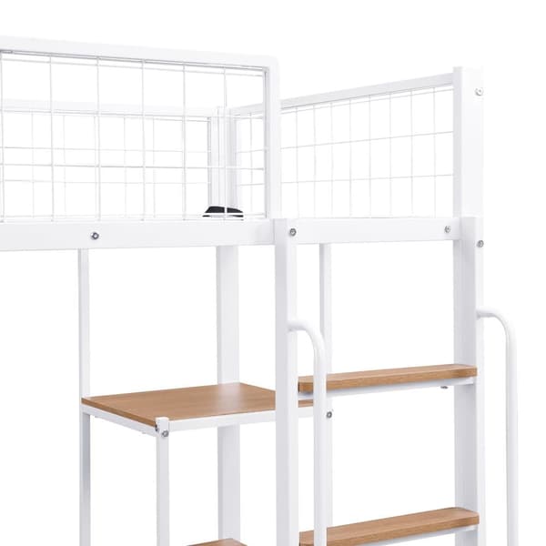 Parvisänky 90x200 cm - pöydällä ja hyllyllä - tikkailla 5 portaassa - turvakaiteella - metalli + MDF - valkoinen (ilman patjaa)