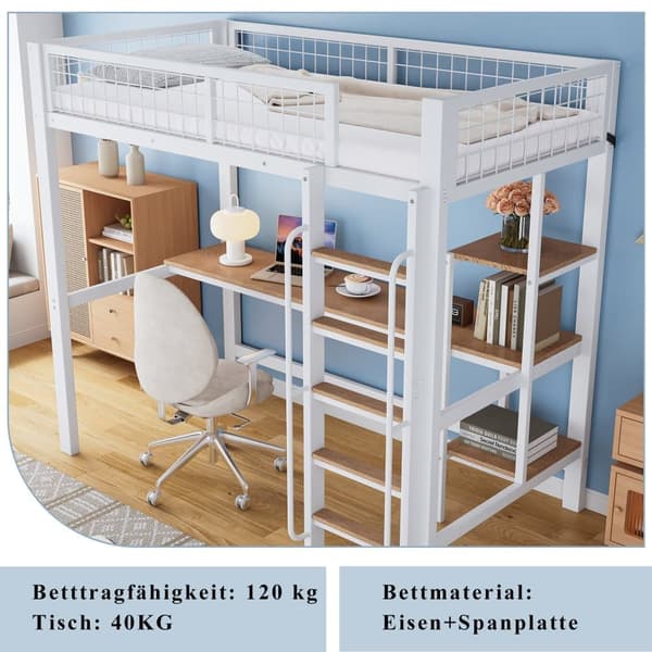 Mezzaninsäng 90x200 cm - med bord och hylla - med stege i 5 steg - med säkerhetsskena - metall + MDF - vit (utan madrass)