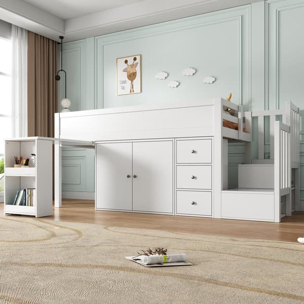 Lastensänky parvi 90x200 cm - pyörillä varustettu työpöytä + sivussa säilytystilaa - vaatekaapilla - portailla - valkoinen