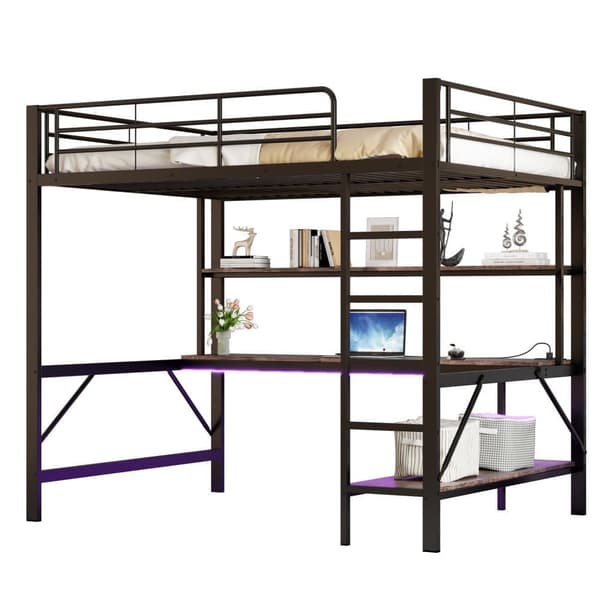Hems 140x200 cm - med barrierer - med stige - med USB og stikkontakt - med LED-lampe - med skrivebord + hylder i flere niveauer - sort (uden madras)