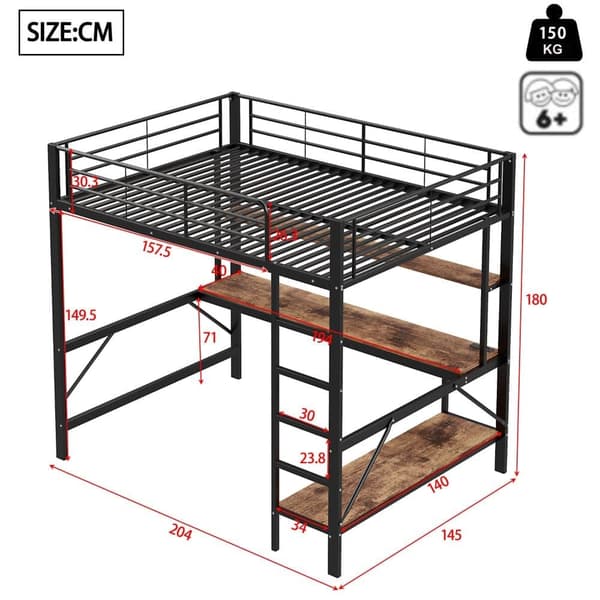 Hems 140x200 cm - med barrierer - med stige - med USB og stikkontakt - med LED-lampe - med skrivebord + hylder i flere niveauer - sort (uden madras)