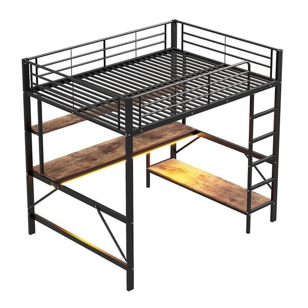 Hems 140x200 cm - med barrierer - med stige - med USB og stikkontakt - med LED-lampe - med skrivebord + hylder i flere niveauer - sort (uden madras)