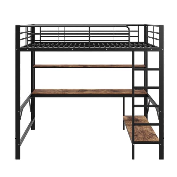 Hems 140x200 cm - med barrierer - med stige - med USB og stikkontakt - med LED-lampe - med skrivebord + hylder i flere niveauer - sort (uden madras)