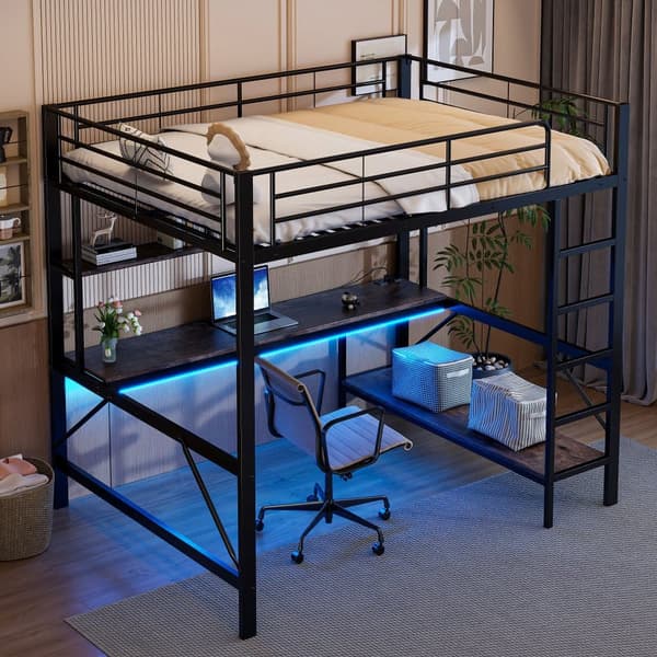 Hems 140x200 cm - med barrierer - med stige - med USB og stikkontakt - med LED-lampe - med skrivebord + hylder i flere niveauer - sort (uden madras)