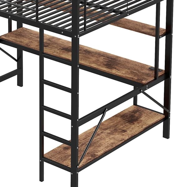 Hems 140x200 cm - med barrierer - med stige - med USB og stikkontakt - med LED-lampe - med skrivebord + hylder i flere niveauer - sort (uden madras)
