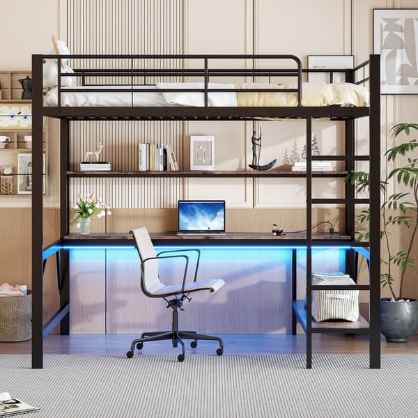 Loftsäng 140x200 cm - med barriärer - med stege - med USB och uttag - med LED-lampa - med skrivbord + hyllor i flera nivåer - svart (utan madrass)