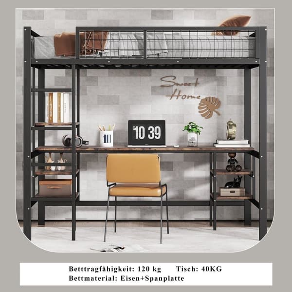 Loftsäng 90x200cm - med bord + hylla - med fyrstegsstege - järn + spånskiva - svart (utan madrass)