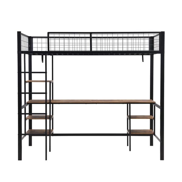 Loftsäng 90x200cm - med bord + hylla - med fyrstegsstege - järn + spånskiva - svart (utan madrass)