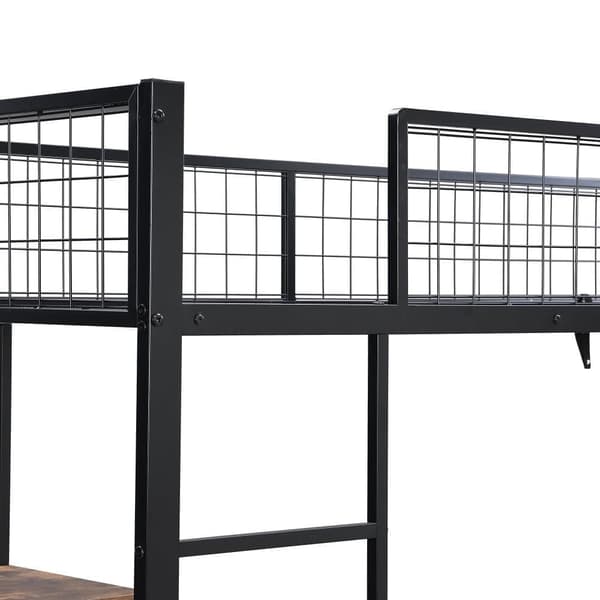Loftsäng 90x200cm - med bord + hylla - med fyrstegsstege - järn + spånskiva - svart (utan madrass)