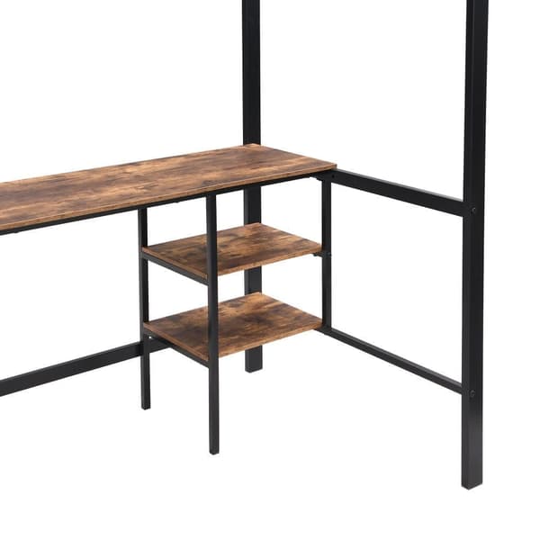 Loftsäng 90x200cm - med bord + hylla - med fyrstegsstege - järn + spånskiva - svart (utan madrass)
