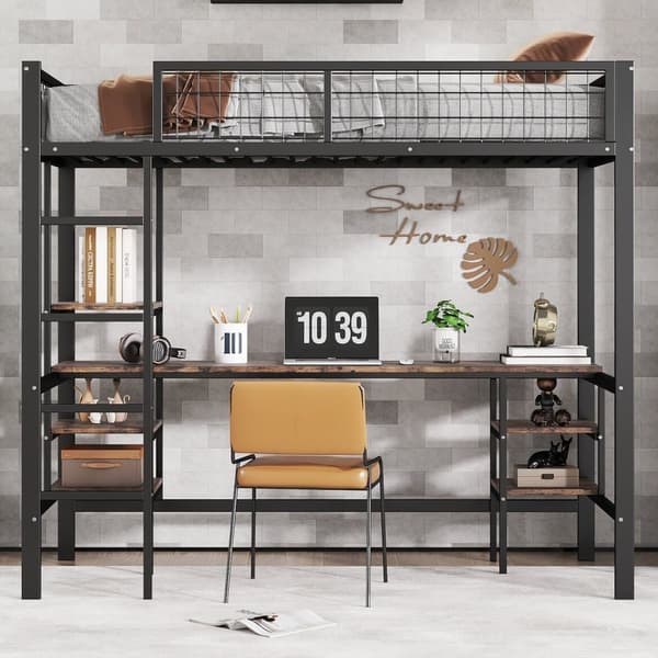 Loftsäng 90x200cm - med bord + hylla - med fyrstegsstege - järn + spånskiva - svart (utan madrass)
