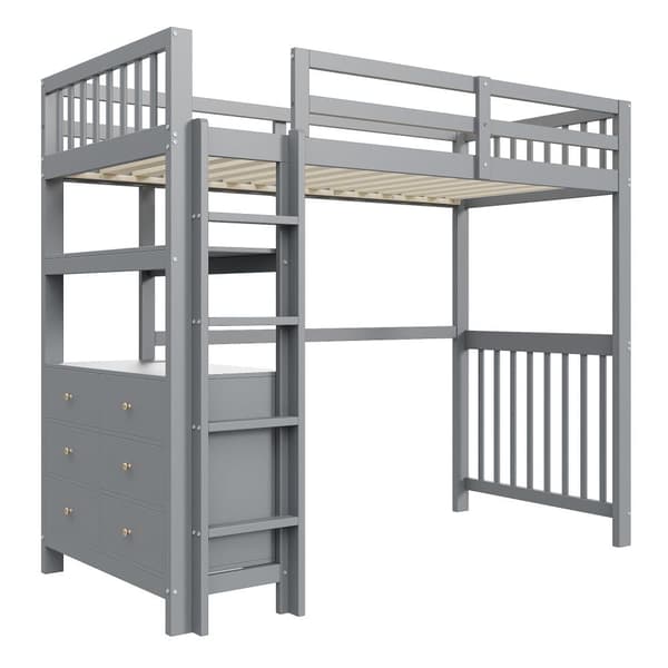Loftsäng 90x200cm - med stege - med 6 lådor - med hyllor - design med höga skenor - lamellram - massivt trä - grå (utan madrass)