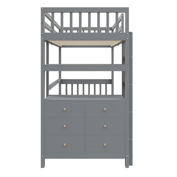 Loftsäng 90x200cm - med stege - med 6 lådor - med hyllor - design med höga skenor - lamellram - massivt trä - grå (utan madrass)