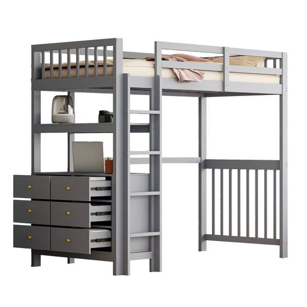 Loftsäng 90x200cm - med stege - med 6 lådor - med hyllor - design med höga skenor - lamellram - massivt trä - grå (utan madrass)