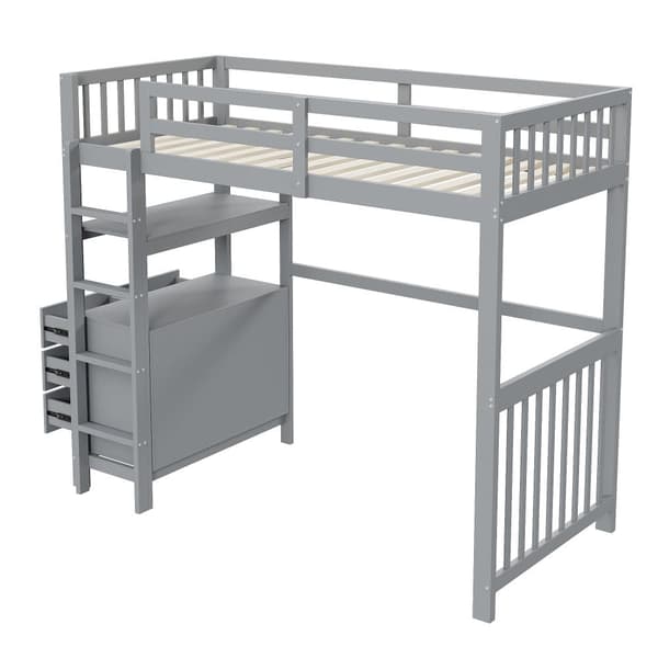 Loftsäng 90x200cm - med stege - med 6 lådor - med hyllor - design med höga skenor - lamellram - massivt trä - grå (utan madrass)