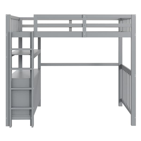 Loftsäng 90x200cm - med stege - med 6 lådor - med hyllor - design med höga skenor - lamellram - massivt trä - grå (utan madrass)