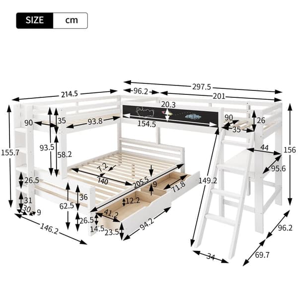 Våningssäng 2x90x200cm + 140x200cm i trä - med skrivbord och 2 lådor - vit