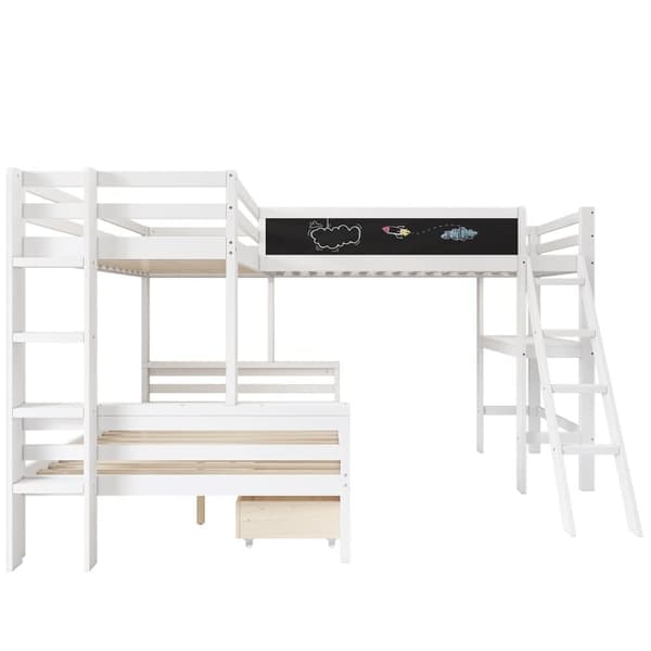 Våningssäng 2x90x200cm + 140x200cm i trä - med skrivbord och 2 lådor - vit