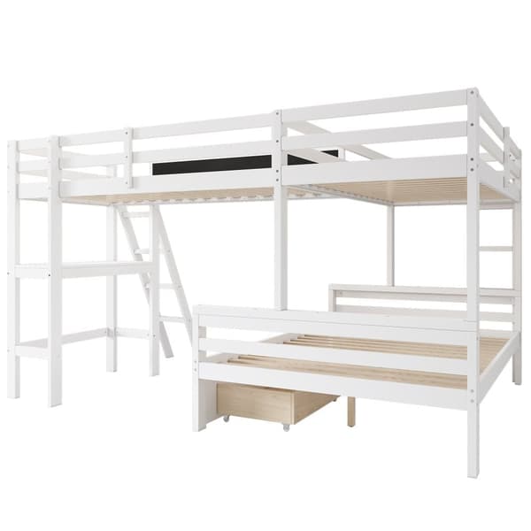 Våningssäng 2x90x200cm + 140x200cm i trä - med skrivbord och 2 lådor - vit